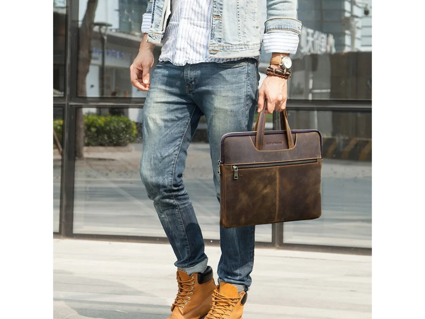 CONTACT’S FAMILY CF3009 — Genuine Leather 15 inch laptop sleeve (Vintage Slim Briefcase) - vitaliqa