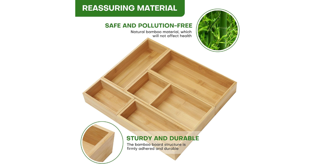 Bamboo Drawer Organizer – Adjustable Kitchen Drawer Divider Organizer for Utensils, Jewelry, and Office Storage
