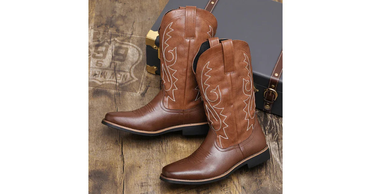 Mens Cowboy Boots 2025 | Retro PU Leather Western Style Boots - vitaliqa