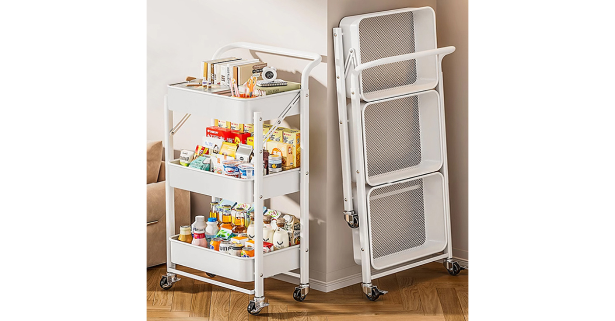 Bathroom rolling cart with towels and toiletries