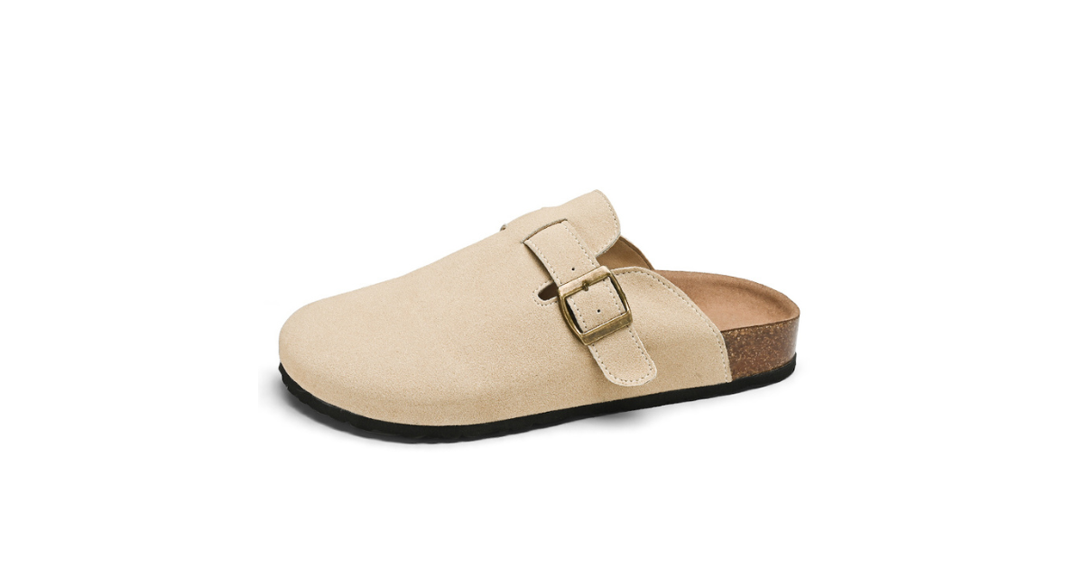 Women wearing minimalist suede boston clogs