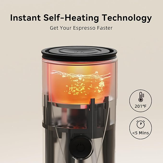 Automatic heating espresso coffee maker that heats water and extracts coffee without external equipment