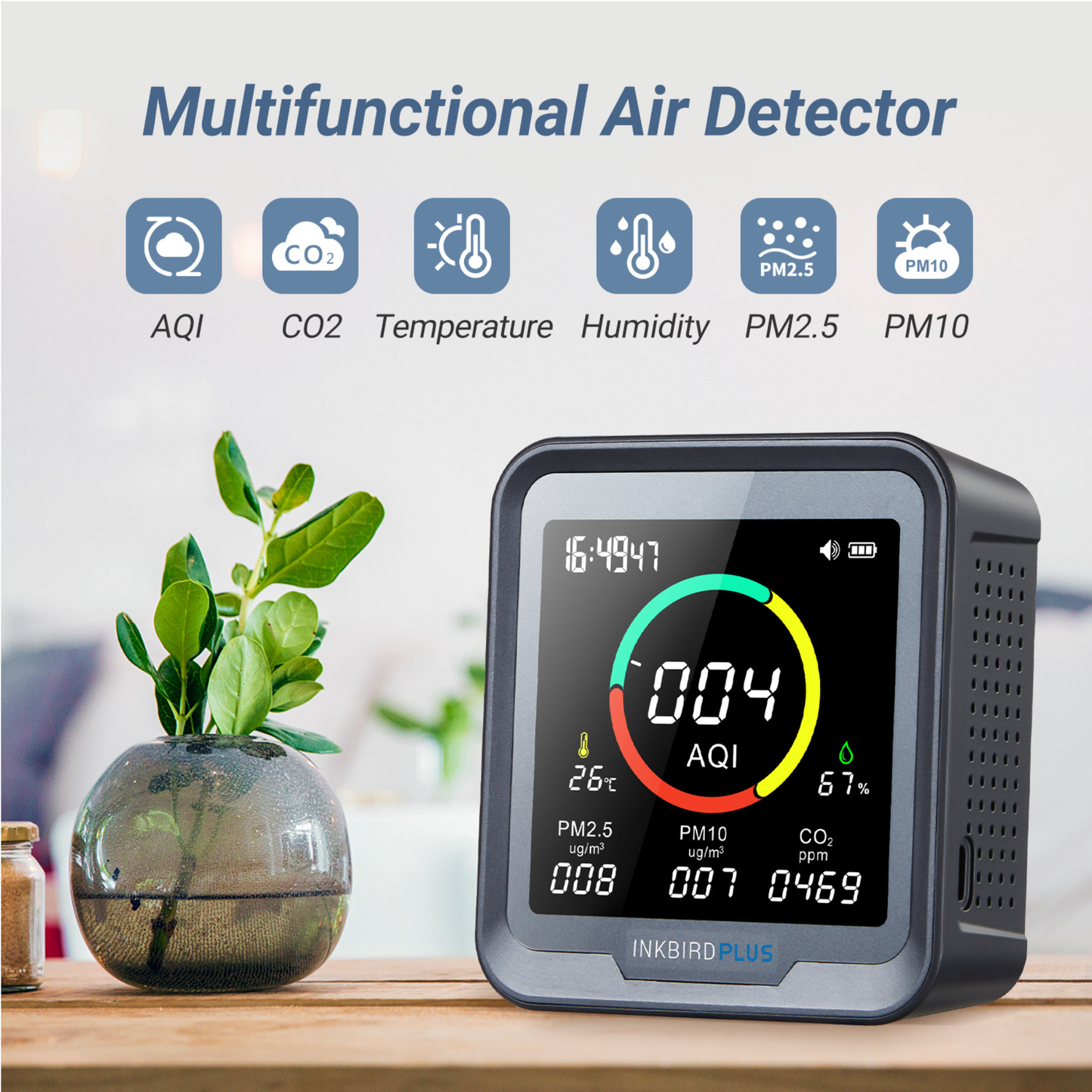 Rechargeable air quality monitor with built-in battery used as a portable indoor pollution monitor for different locations
