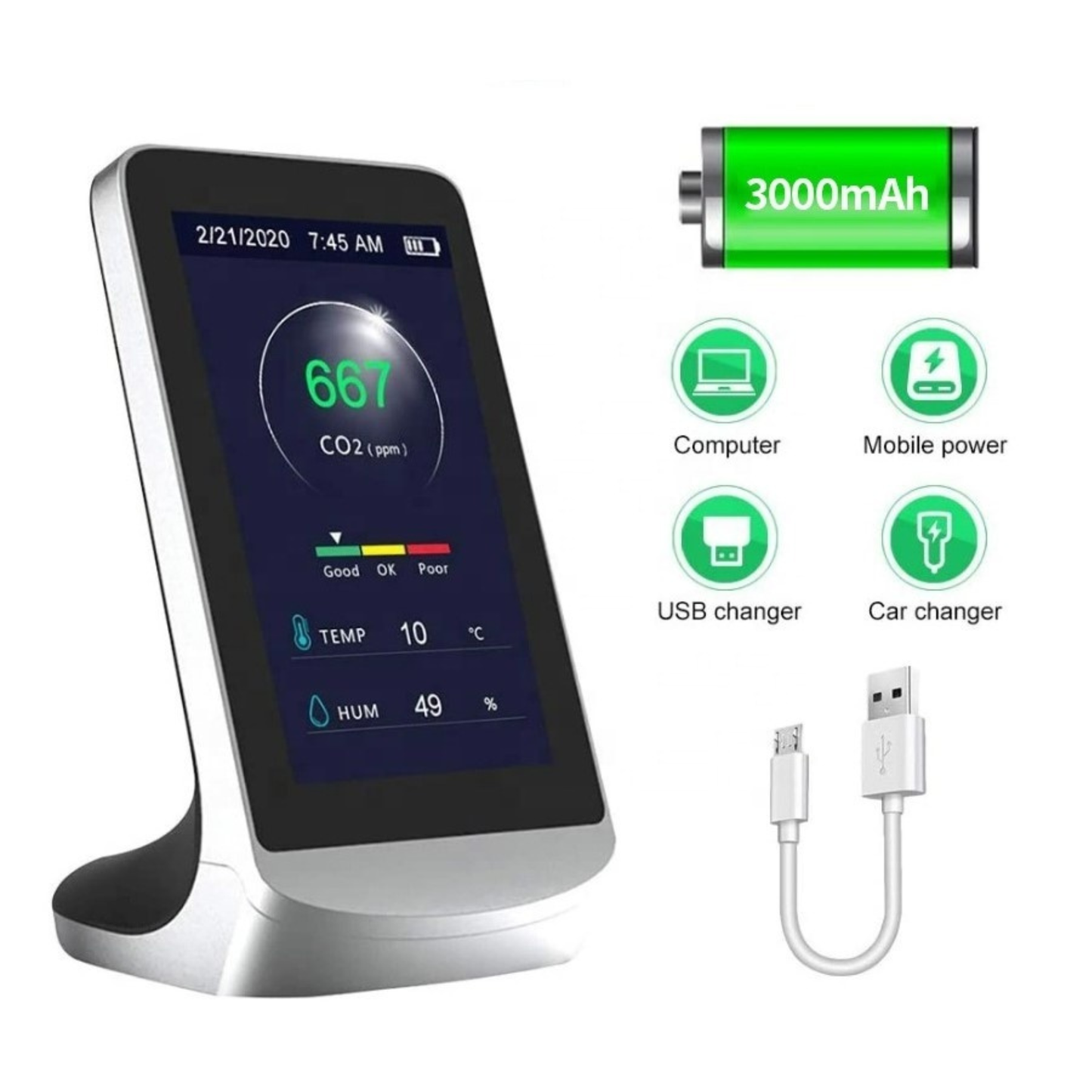 Wall mount CO2 Monitor with digital LCD display and smart WiFi connectivity
