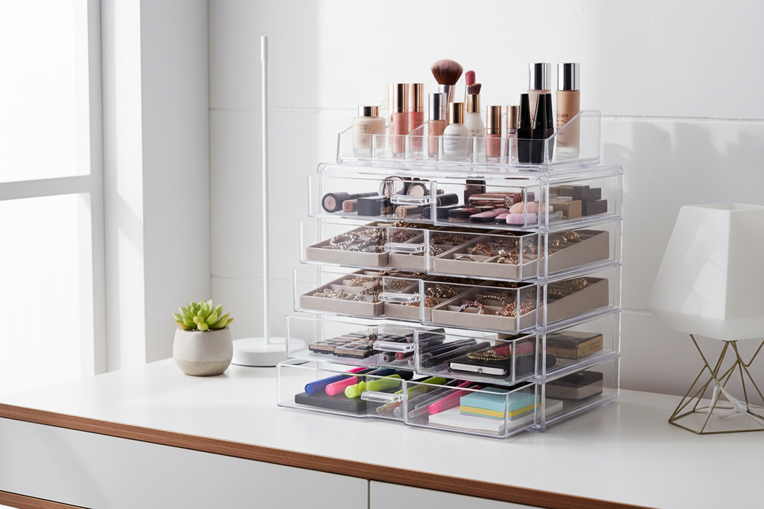 Jewelry organized in clear drawer organizer