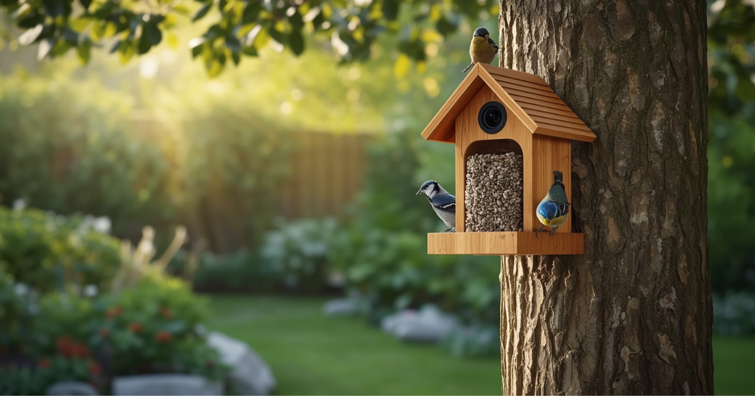 AI Bird Recognition Camera identifying different wild bird species while feeding at a Smart Bird Feeder Camera.
