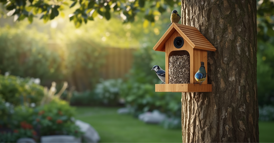 AI Bird Recognition Camera identifying different wild bird species while feeding at a Smart Bird Feeder Camera.