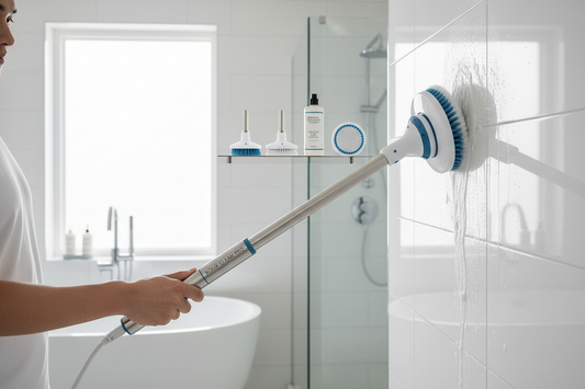 Woman cleaning kitchen grease from countertops using the Rechargeable Electric Spin Scrubber with interchangeable brush heads.