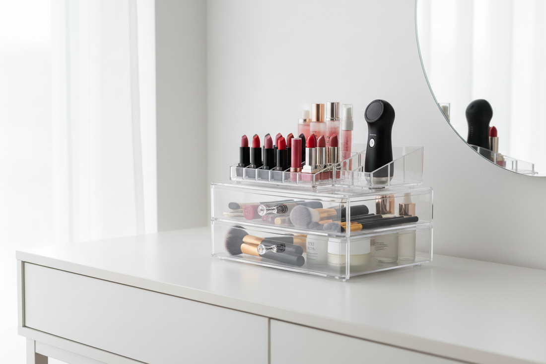 Transparent organizer showing neatly arranged makeup products