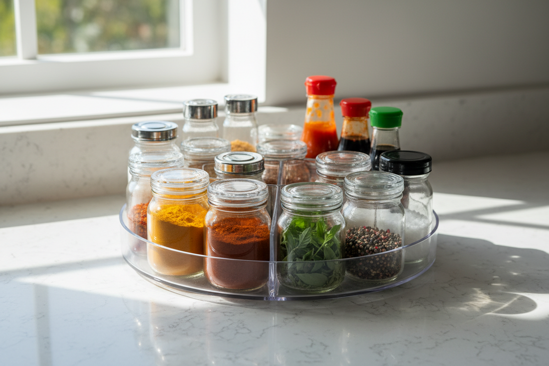 Organized spice jars on countertop Lazy Susan