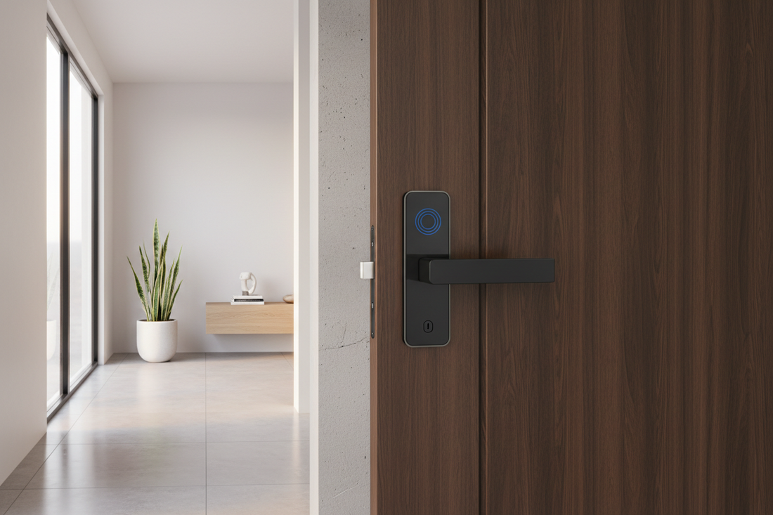 modern front door handle with biometric lock