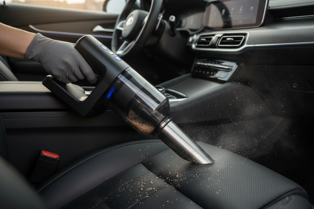 portable air duster blowing dust from keyboard and electronics