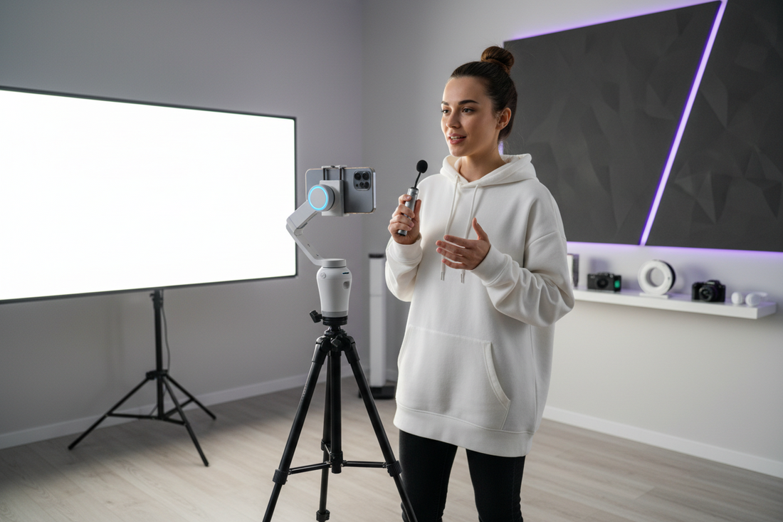 Wireless Remote Phone Tripod with AI face tracking technology for vlog and social media content