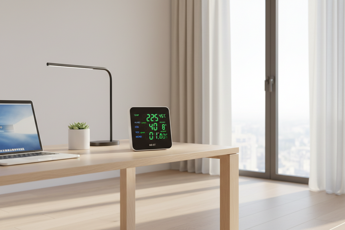 M8-6T environmental monitor used in office workspace to observe CO2, temperature and humidity conditions