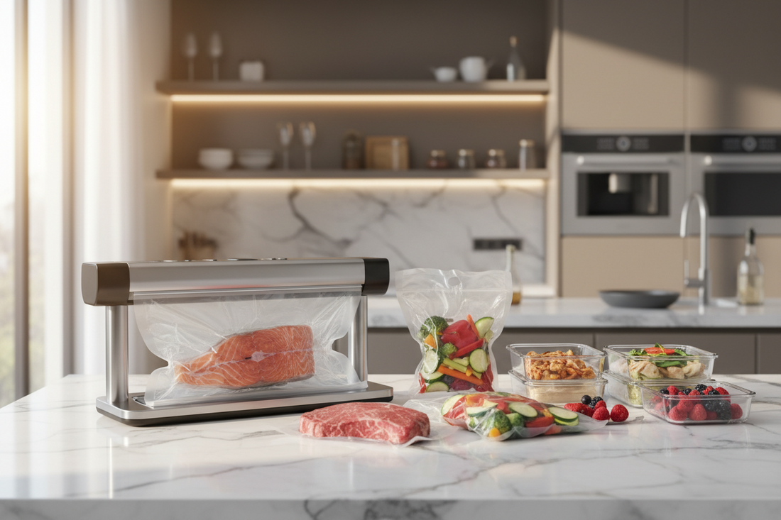 Heavy-duty Shineye P-400 Commercial Vacuum Food Sealer Machine packaging bulk meat for restaurant and meal prep storage.