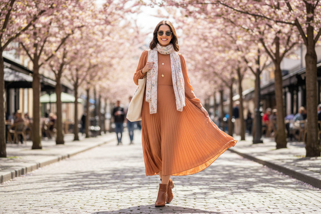 Elegant Casual Midi Dress with Sleeves – Pleated A-Line Vintage Dress for Daily Wear - vitaliqa