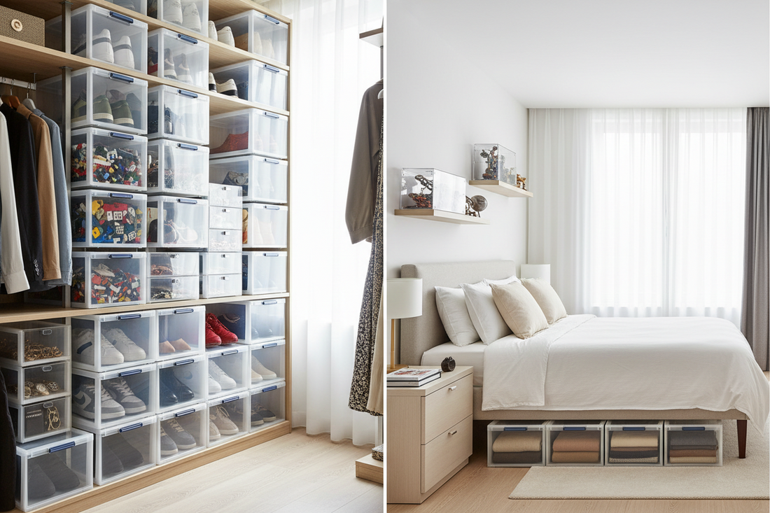 Compact shoe storage box with lid for shelves and closets