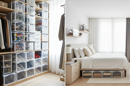 Compact shoe storage box with lid for shelves and closets