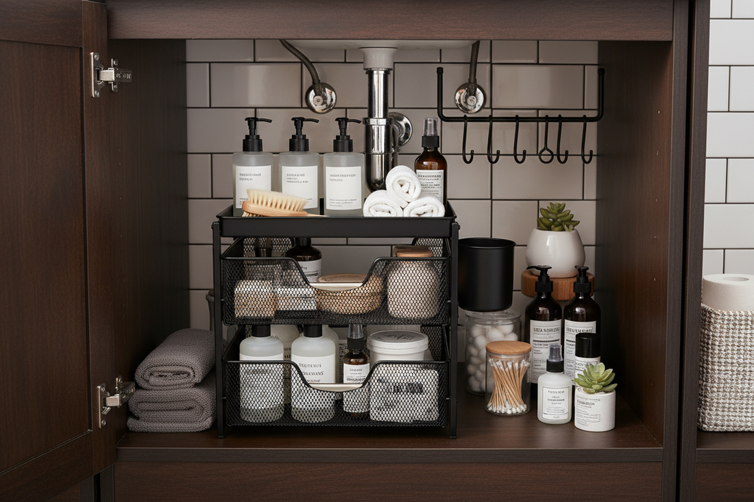 Plastic under cabinet sliding organizer with 40 pound capacity