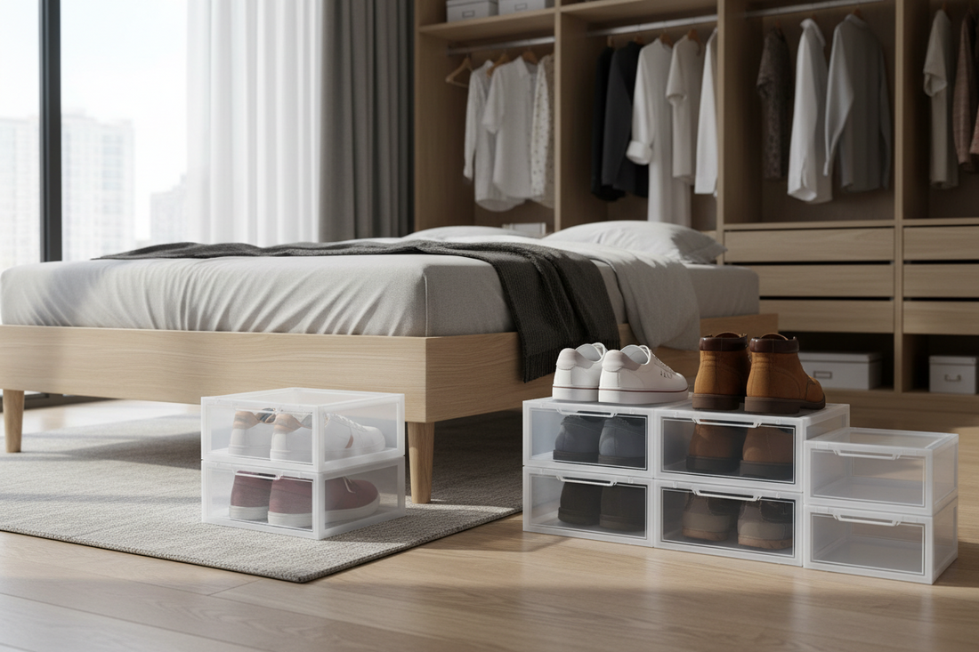 Clear shoe box keeping shoes dust-free