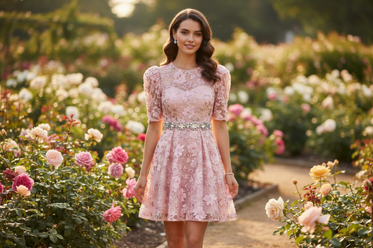 Women’s Casual Summer & Fall Wedding Guest Dress – Elegant Pink Floral Lace Mini Dress - vitaliqa