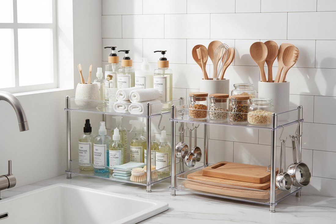 Kitchen utensils neatly organized on PET shelf