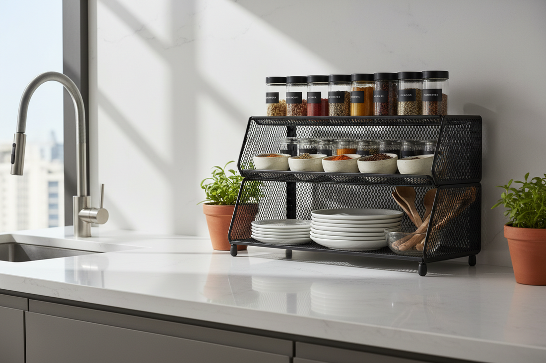 Kitchen spice organizer shelf with black mesh design and compact footprint