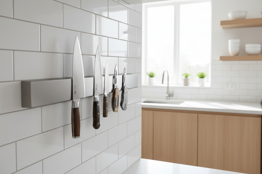 Multi-function knife magnetic strip in professional kitchen