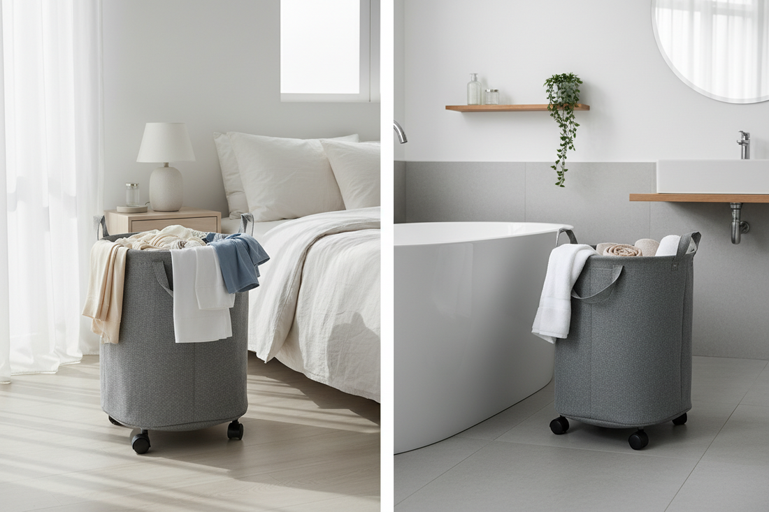 Large laundry basket filled with bedding