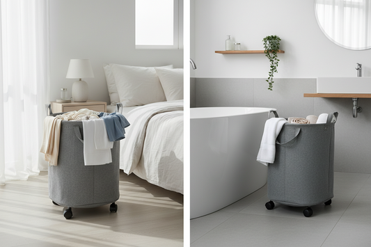 Large laundry basket filled with bedding