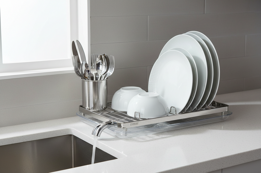 Single-tier stainless steel dish rack for small kitchens