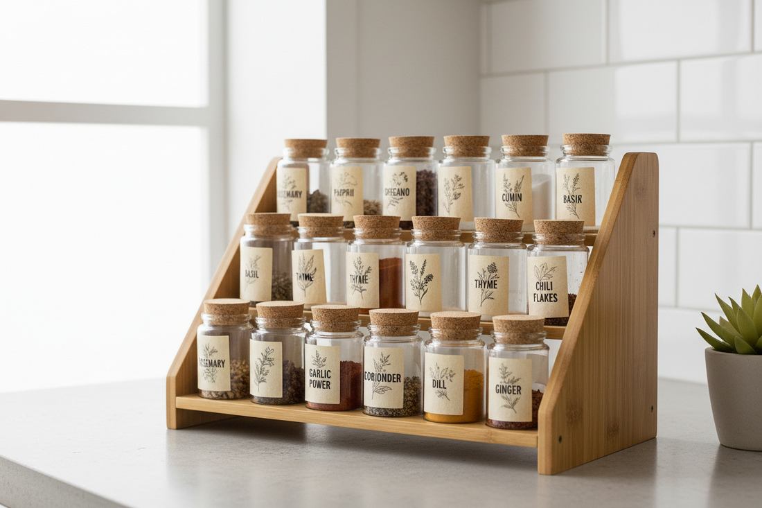Kitchen countertop organization with bamboo spice rack