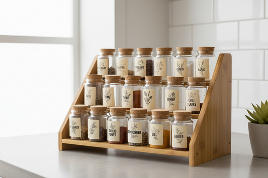 Kitchen countertop organization with bamboo spice rack