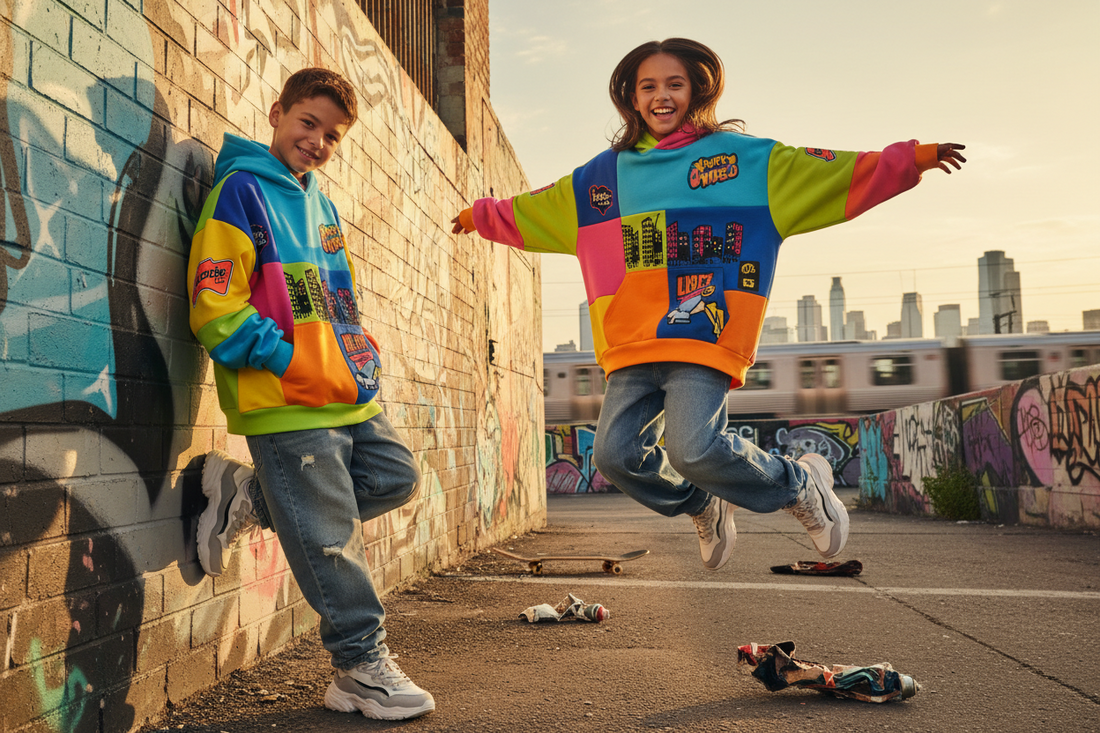 Boy jumping outdoors wearing hoodie