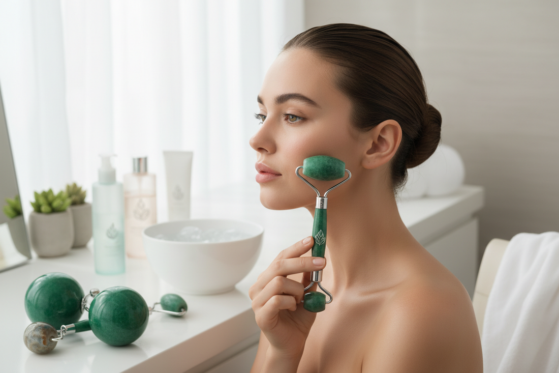 Jade roller massaging cheeks and jawline