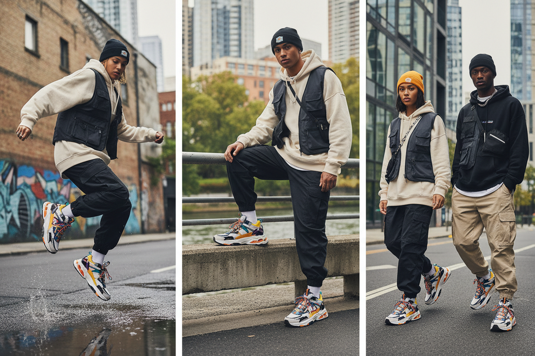 Geometric and patchwork pattern on sneakers