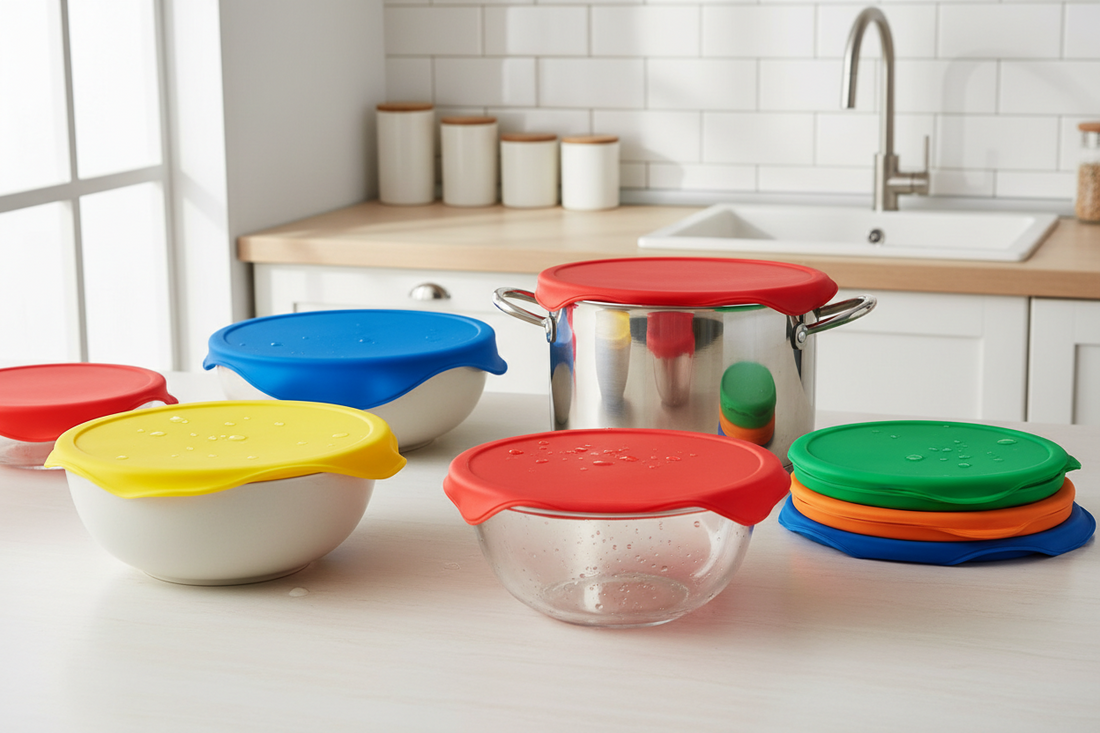 Dishwasher-safe silicone stretch lid on counter