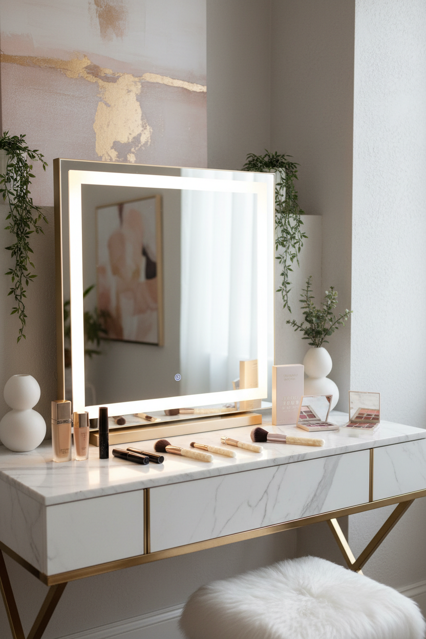 beauty desk mirror with bluetooth speaker
