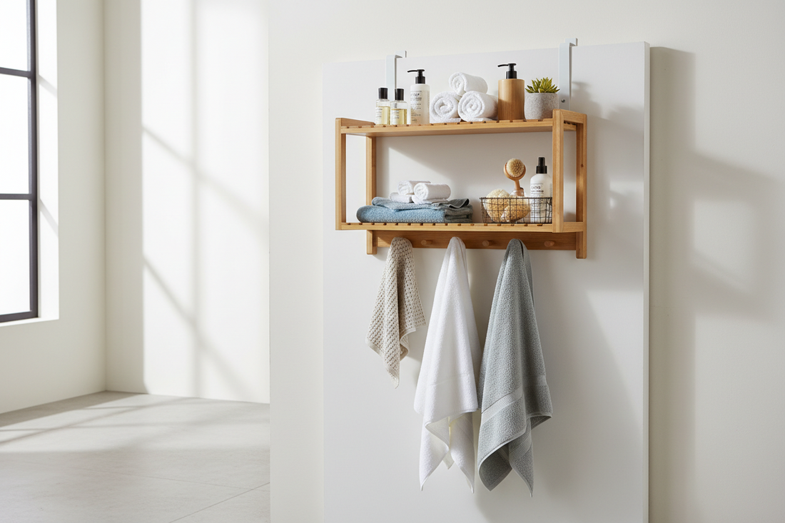 Wall-mounted bamboo shelf storing cleaning supplies