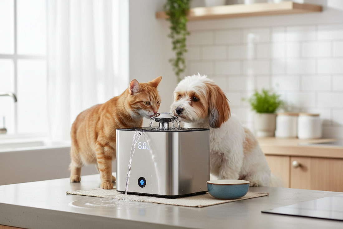 Close-up of a cat enjoying a 6L Stainless Steel Cat Water Fountain with food-grade materials and USB Type-C power.