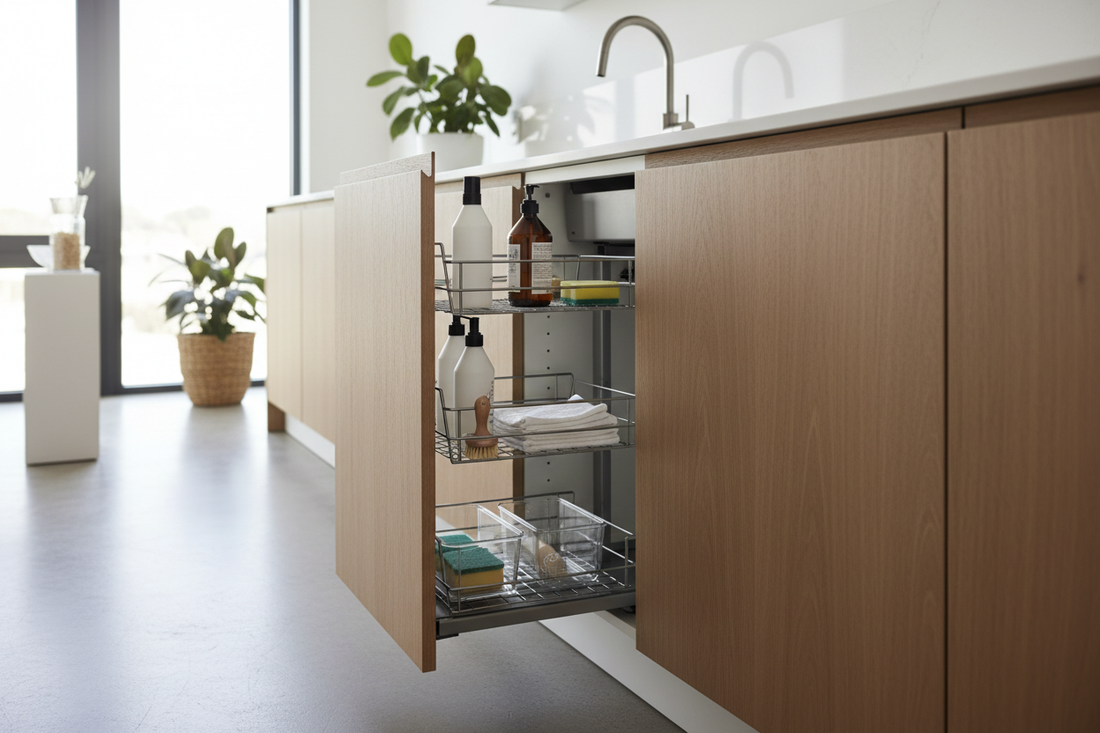 corner under sink organizer inside cabinet