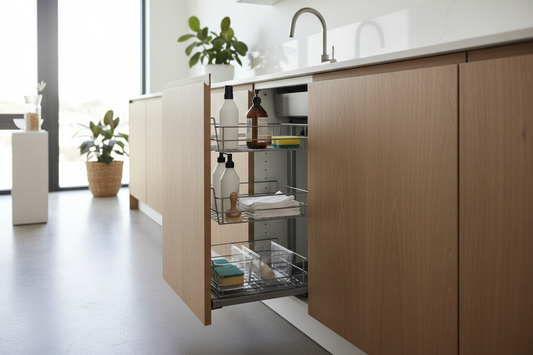 corner under sink organizer inside cabinet