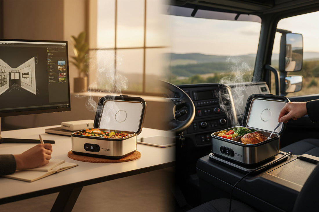 Portable electric lunch box for office use placed on modern workplace desk