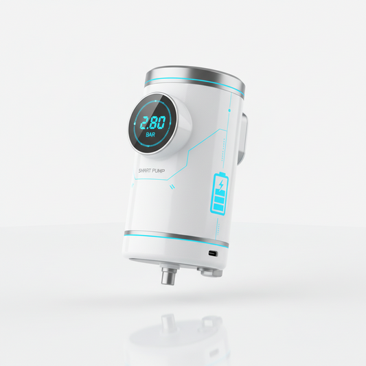 Portable air pump for car tires stored in a vehicle emergency kit for roadside assistance.