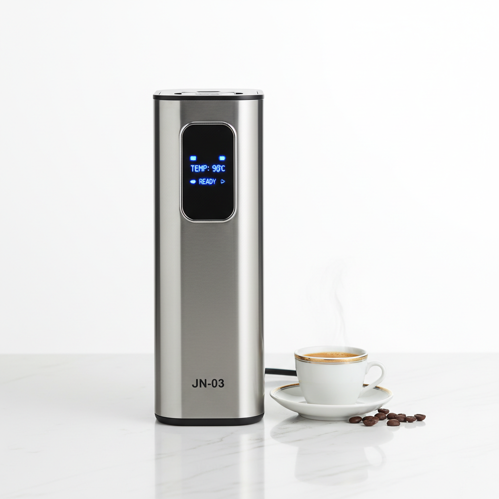 Battery powered coffee maker for outdoor adventures used during camping trips with fresh espresso in nature.
