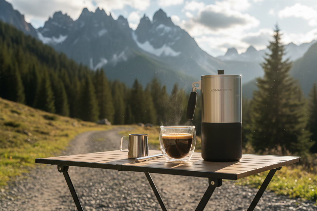 Travel coffee maker placed in office environment for personal coffee preparation.