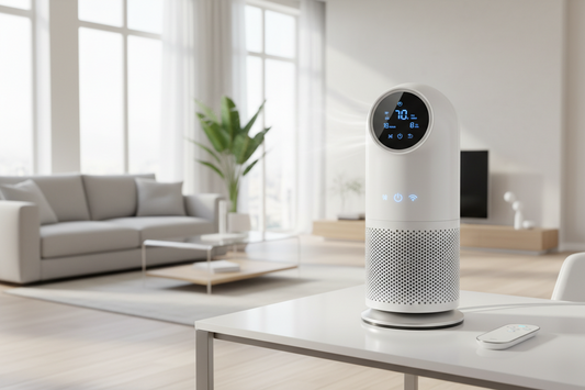 Modern white air purifier fan in office