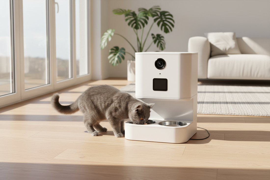 Dual bowl automatic pet feeder designed for cats and small pets with portion control.