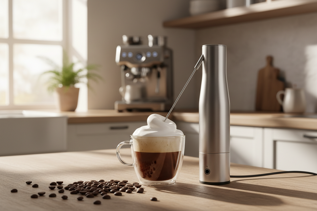 Stainless Steel Electric Milk Frother whisk mixing matcha tea smoothly.