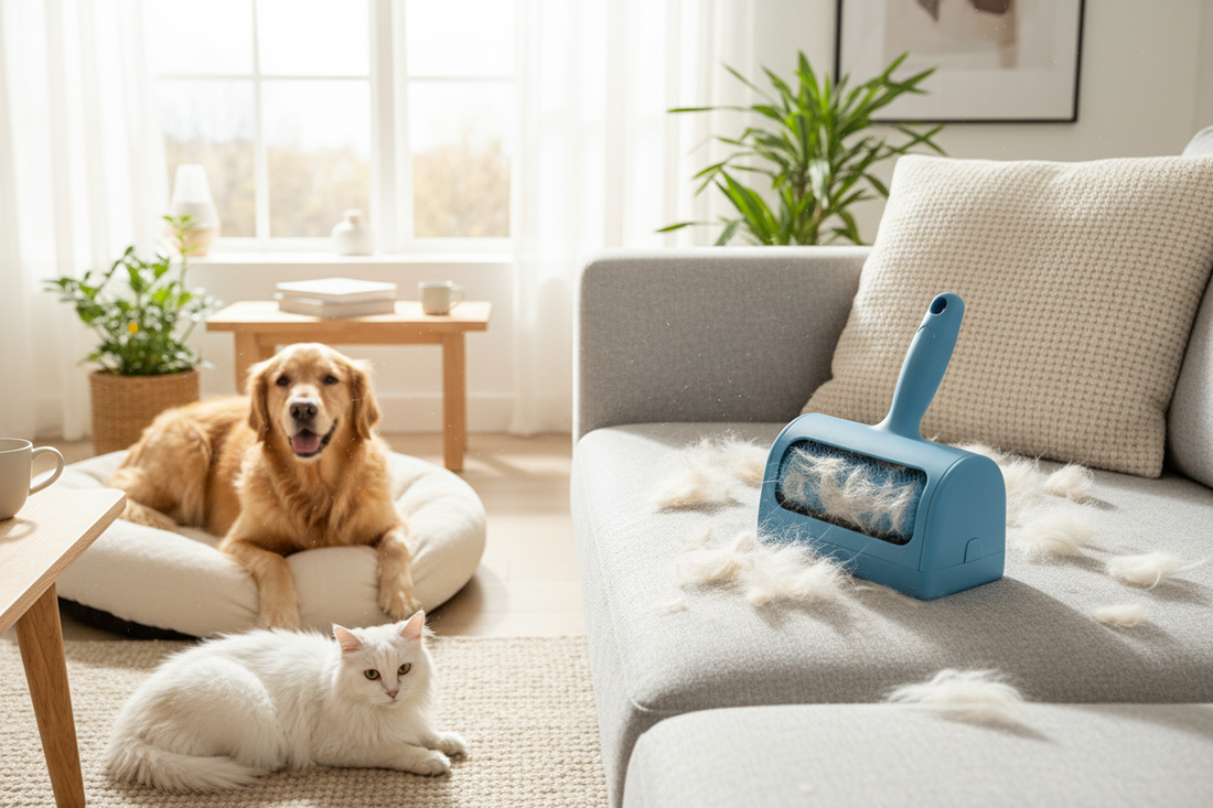 Pet Hair Remover Roller for Couch and Carpet lifting stubborn pet hair from rugs and upholstery.